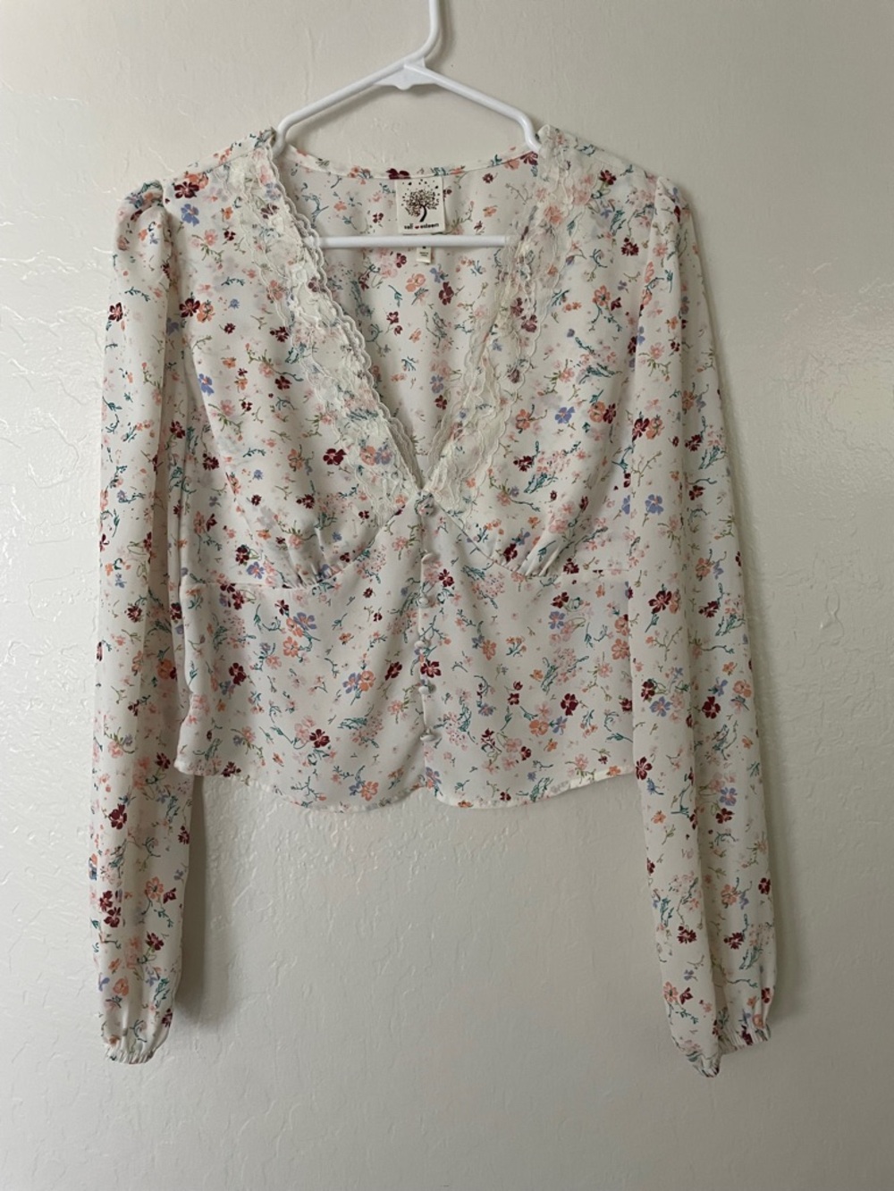 Self Esteem White Floral Lace-Trim V-Neck Long Sleeve Top
